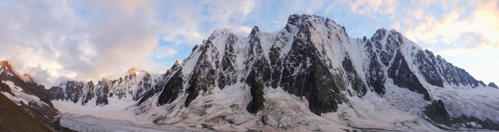 Evening light on the great north faces of Les Courtes, Les Droites and the Aiguille Verte
