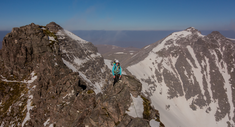 Nearing the end of the scrambling with a view of the Munros - Sgurr Fiona and Bidein a' Ghlas Thuill