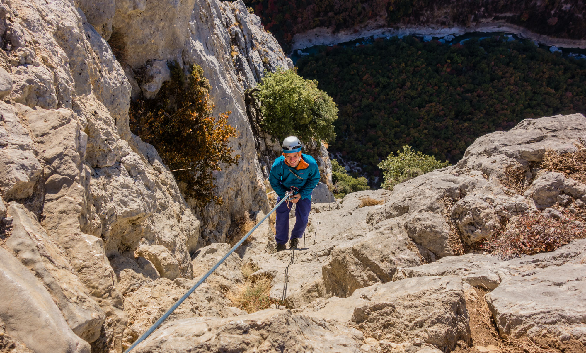 Andy embarks on the Dalles Grises abseils - a rude awakening in the cold and the wind