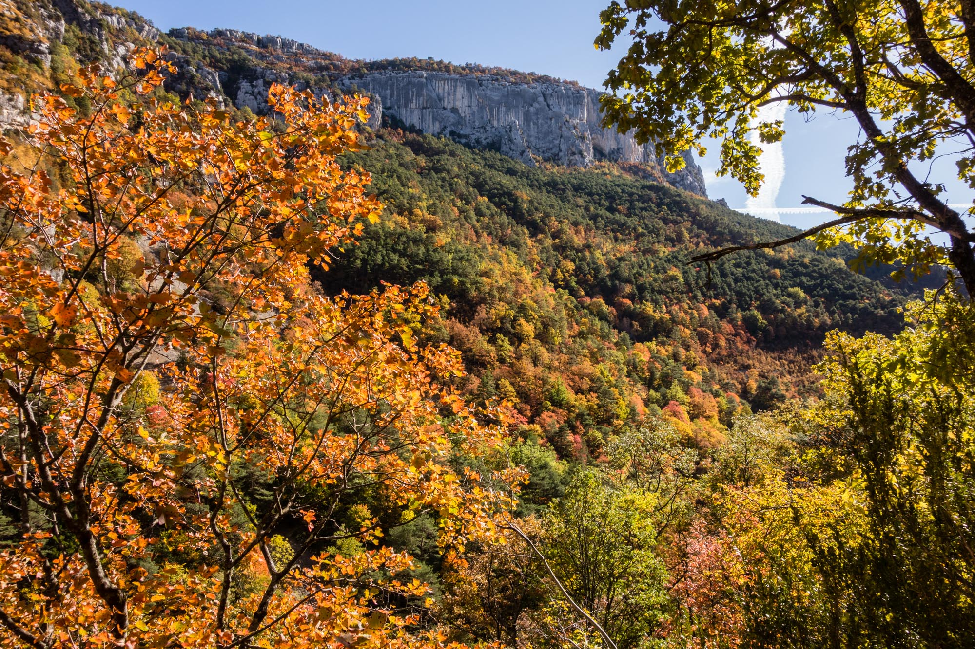 Stunning autumnal colours in the gorge, en route to the base of La Demande