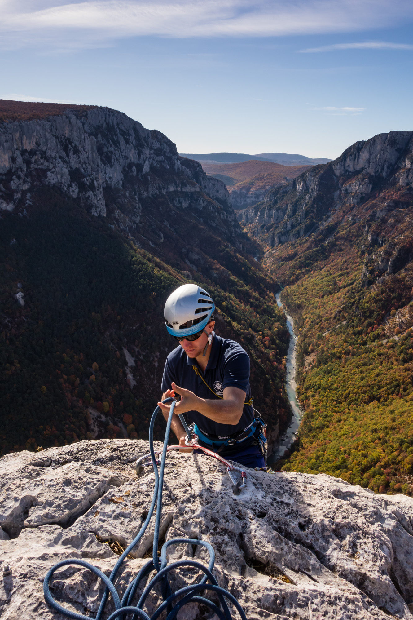 Andy concentrating as he rigs the abseil for the classic Wide is Love