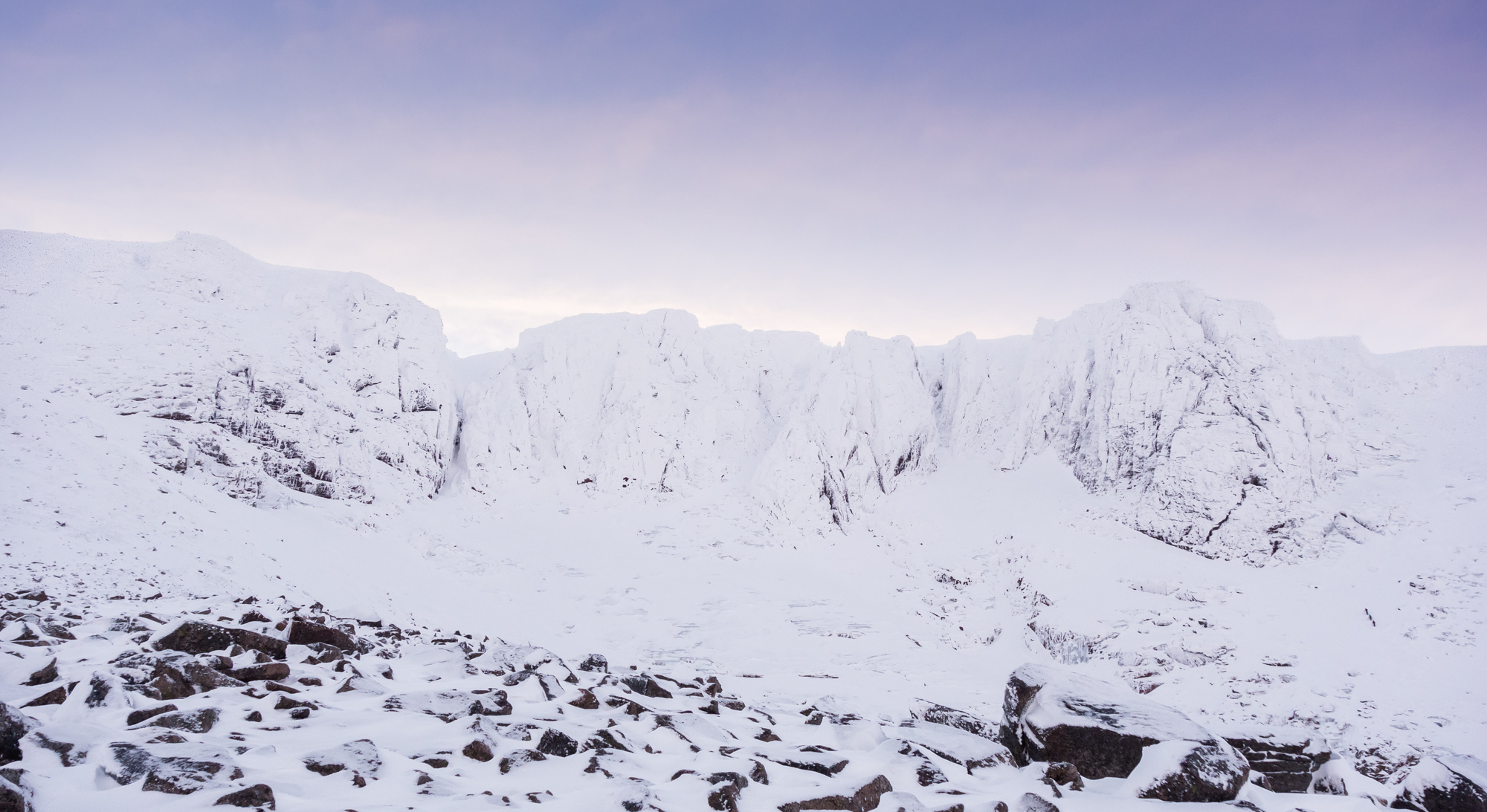 Dawn over a very white Coire an Lochain. No1 buttress on the left looking marginally less buried.
