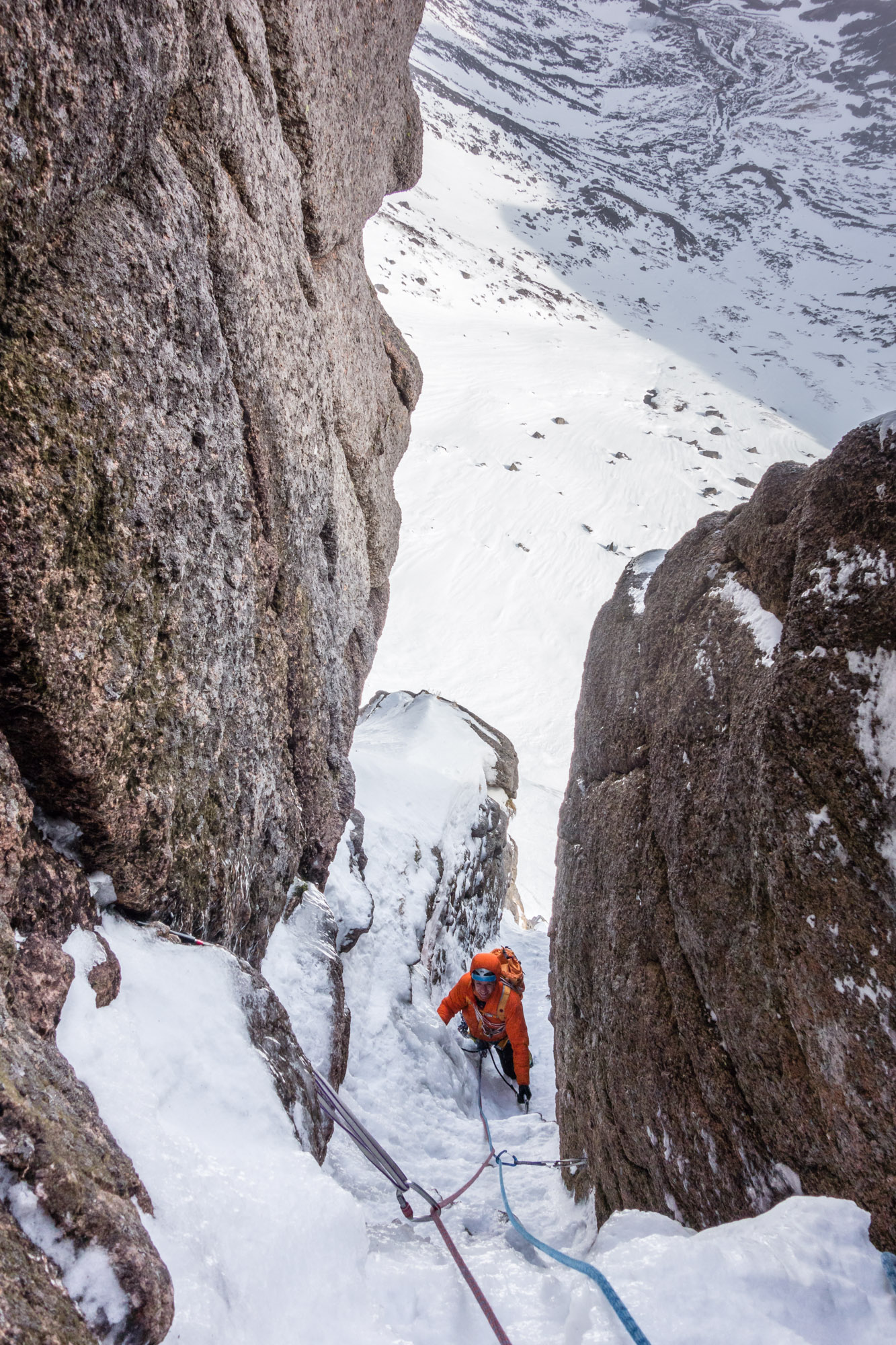 Looking down from the end of the second pitch - a series of steep icy bulges.