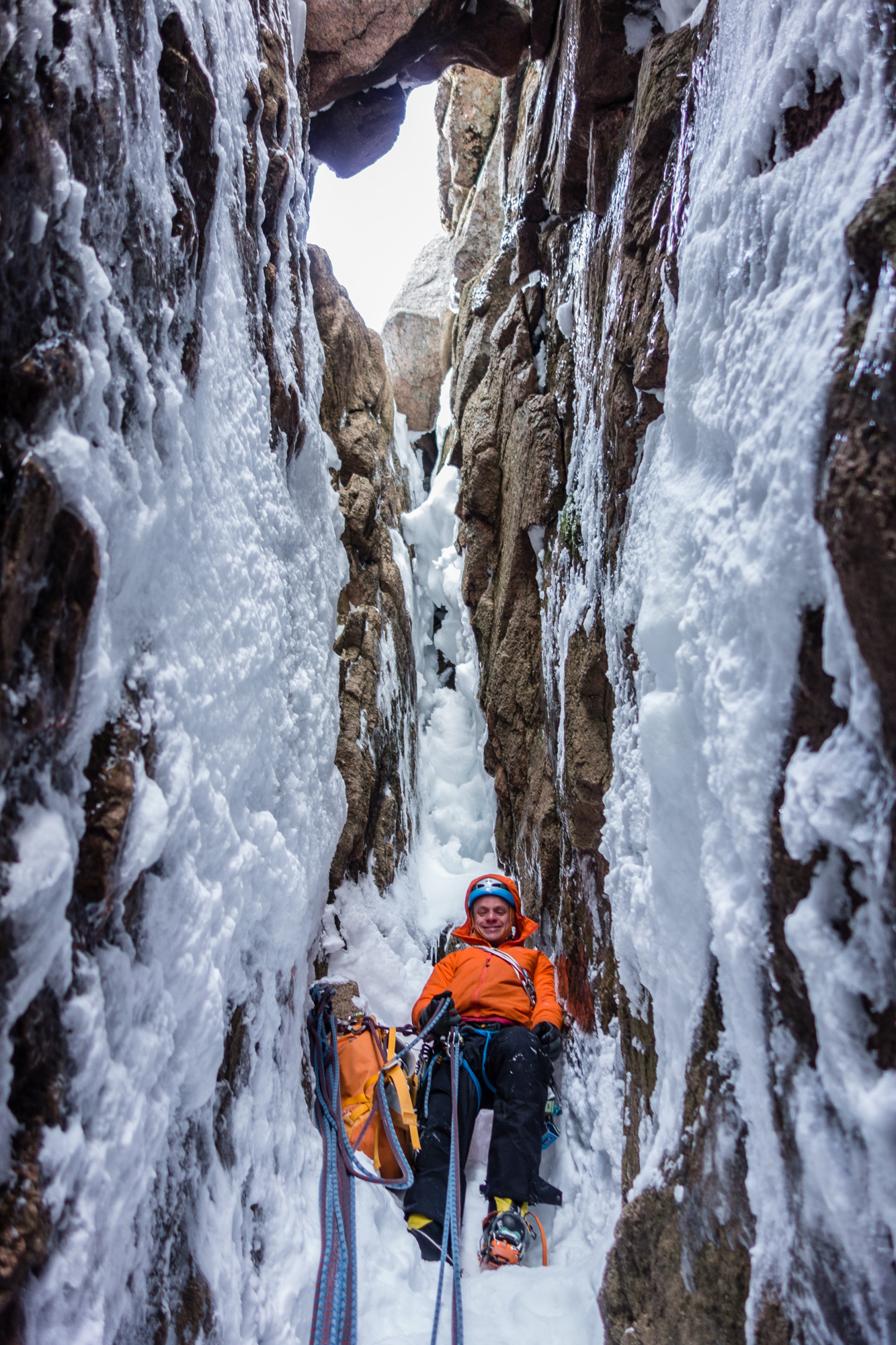 An odd perspective - Andy at the very head of the gully at the final belay. Where do we go from here?