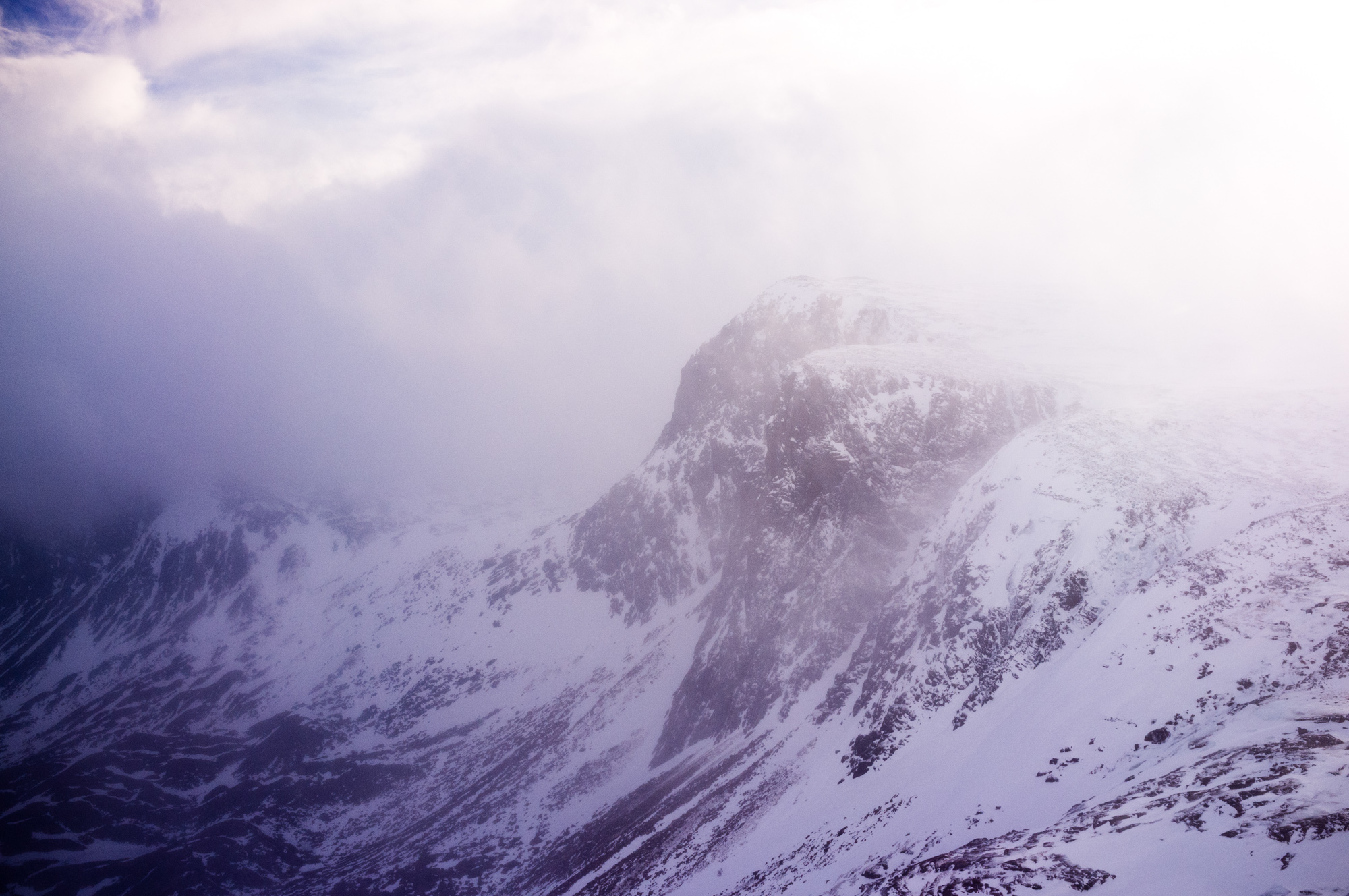 Carn Etchachan and the Shelterstone Crag looking ominous in the swirling mist and cloud. Photo credit: Andy Harrison