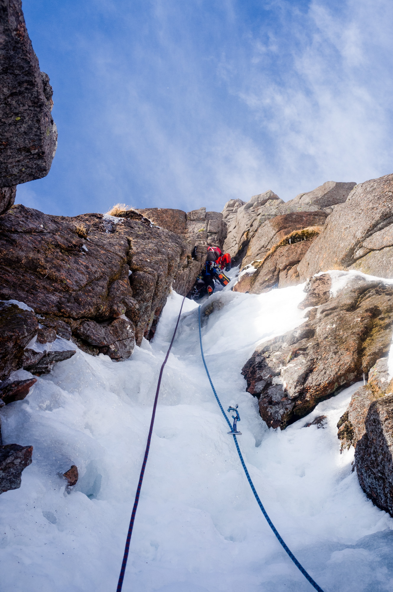 Chimneying up chewy ice on the brilliant second pitch - some of the most enjoyable winter climbing I've done! Photo credit: Andy Harrison