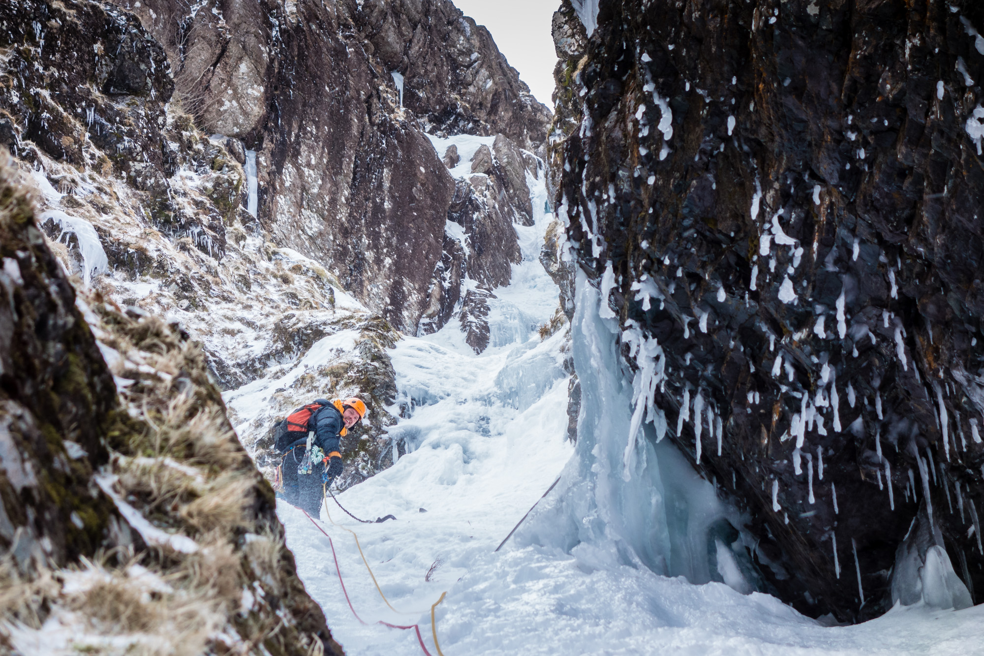 Ric enjoying himself in the mellow lower gully. After an easy 60m we moved together from this point to the base of the crux, passing a number of short icy steps.