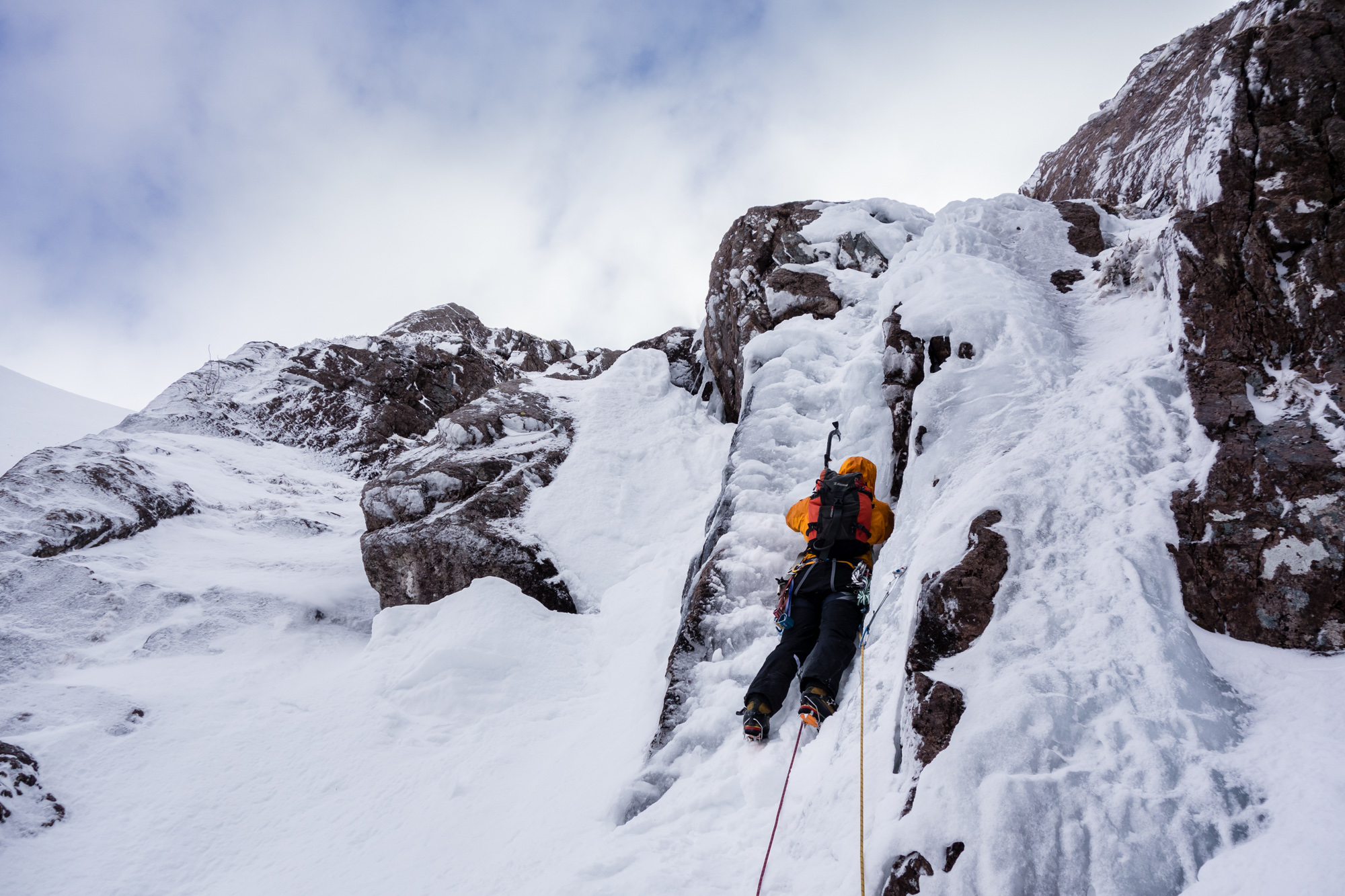 Ric lining up for the deceptively steep and awkward direct finish. The ice was chewy but a bit thin and picked out for reliable screws.