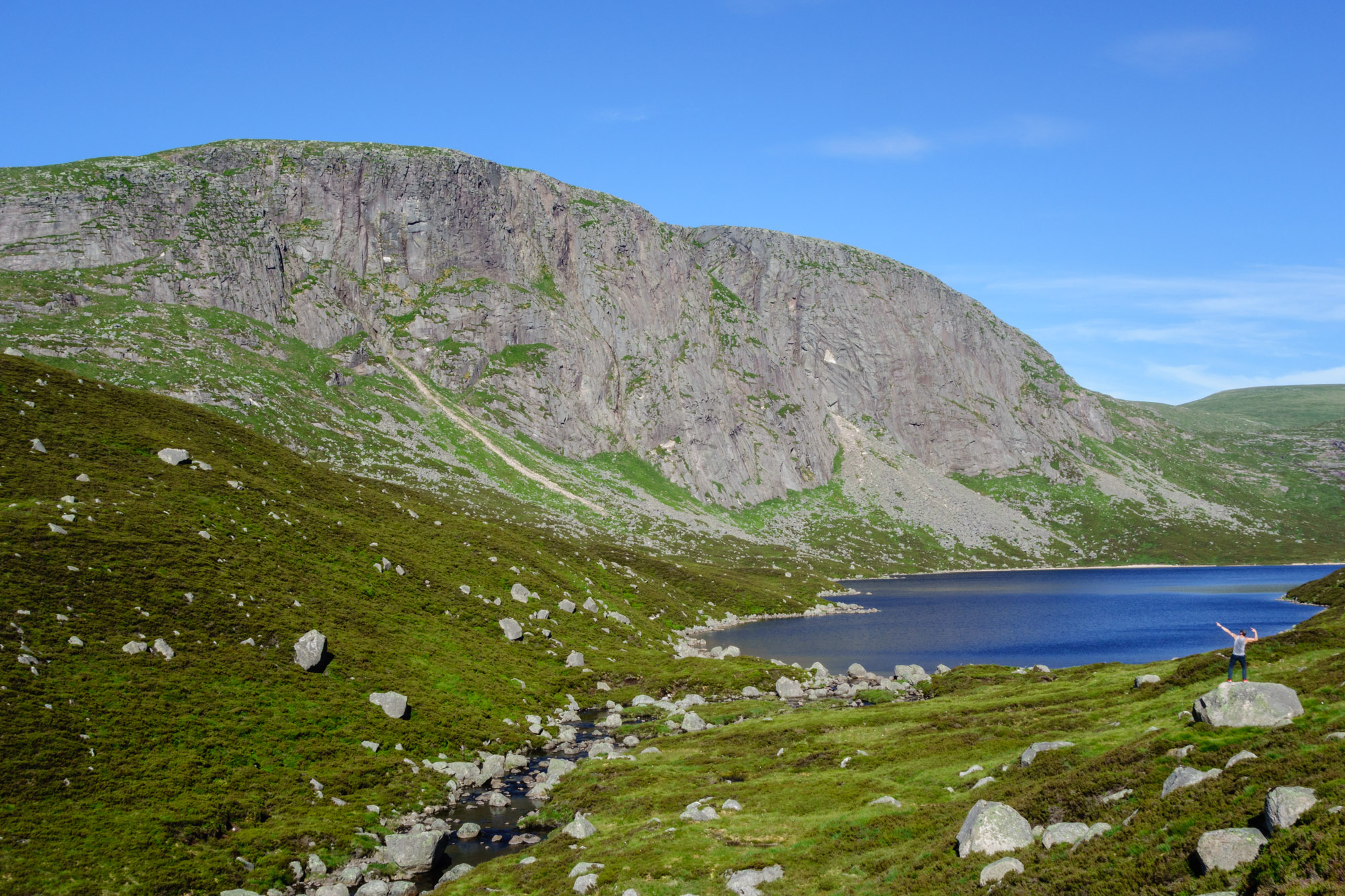 Joe dwarfed by the mighty Creag an Dubh Loch. A good place for a break on the sweat-fest of an approach