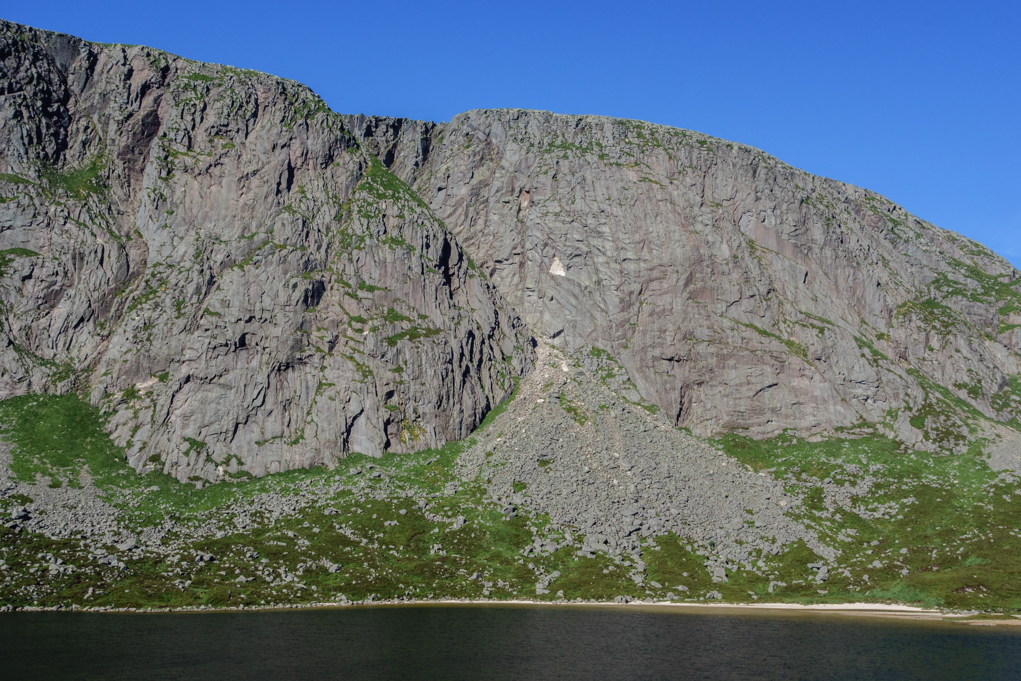 The Central Slabs, Central Gully Wall and False Gully Wall. The big groove and roof of King Rat can be seen above the boulder field