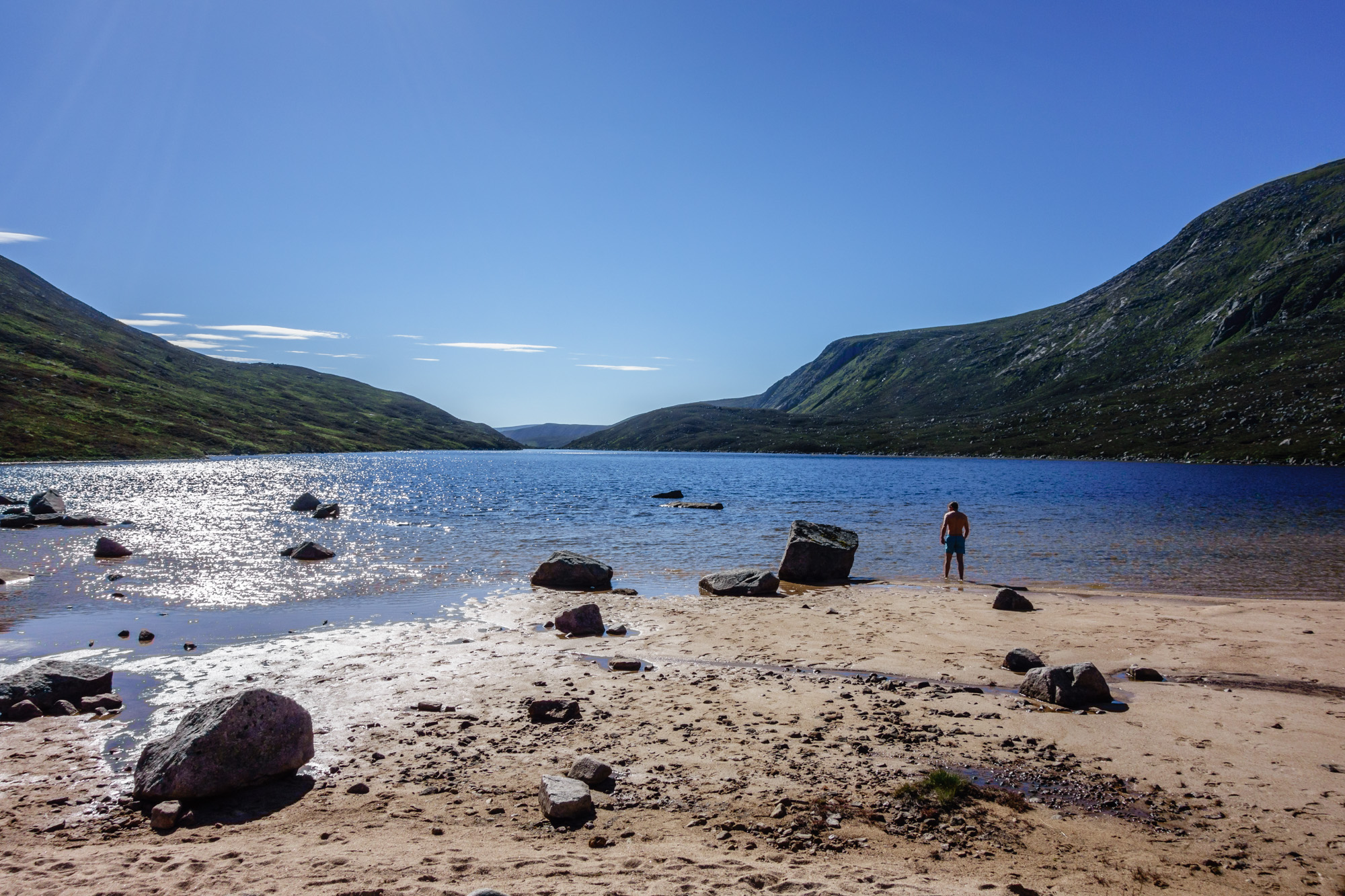Mr Rankin enjoying a refreshing morning dip in the blue waters of the Dubh Loch
