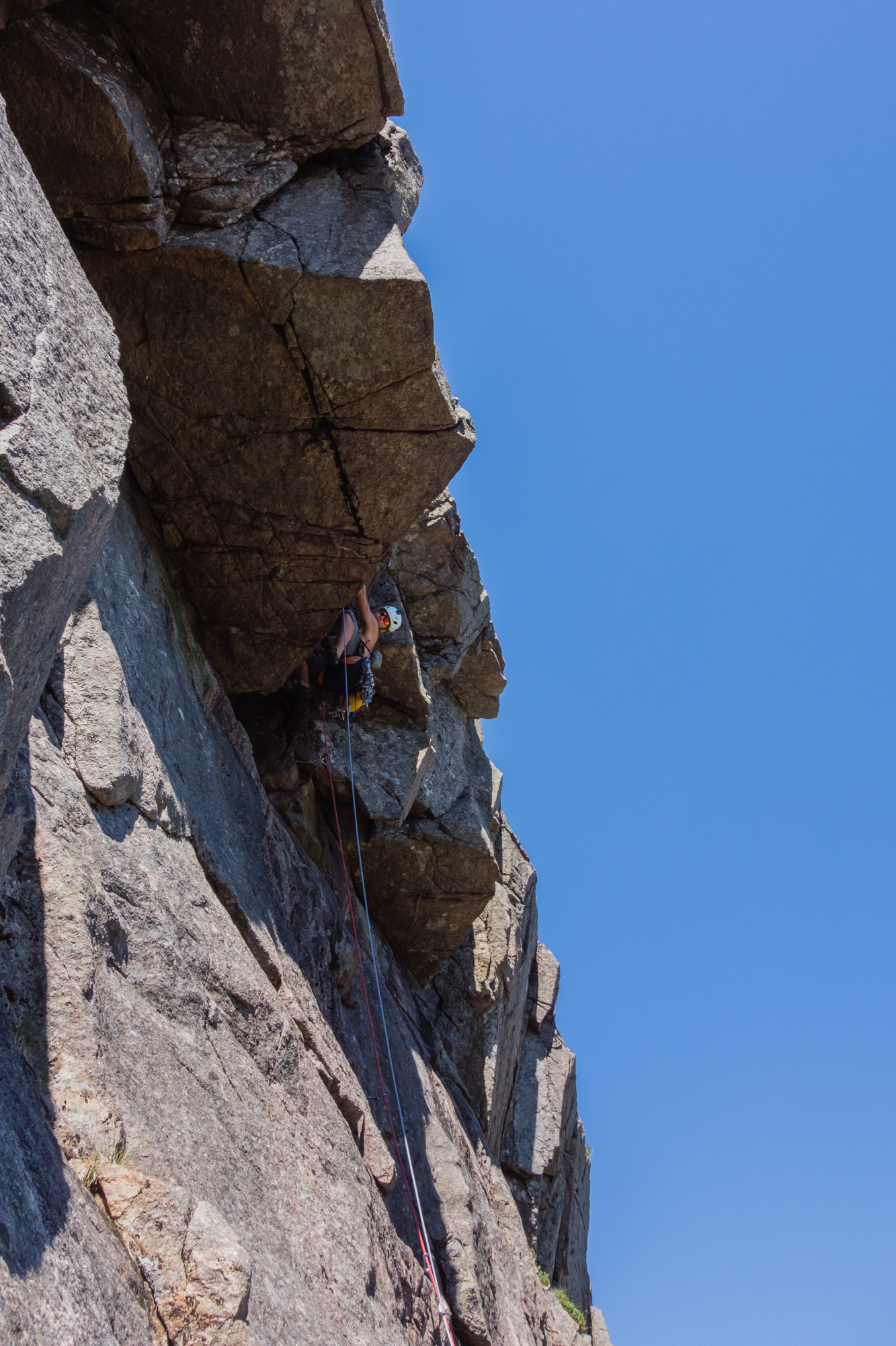 Callum moving smoothly through the steepness. An old peg provides the protection until a little more height is gained