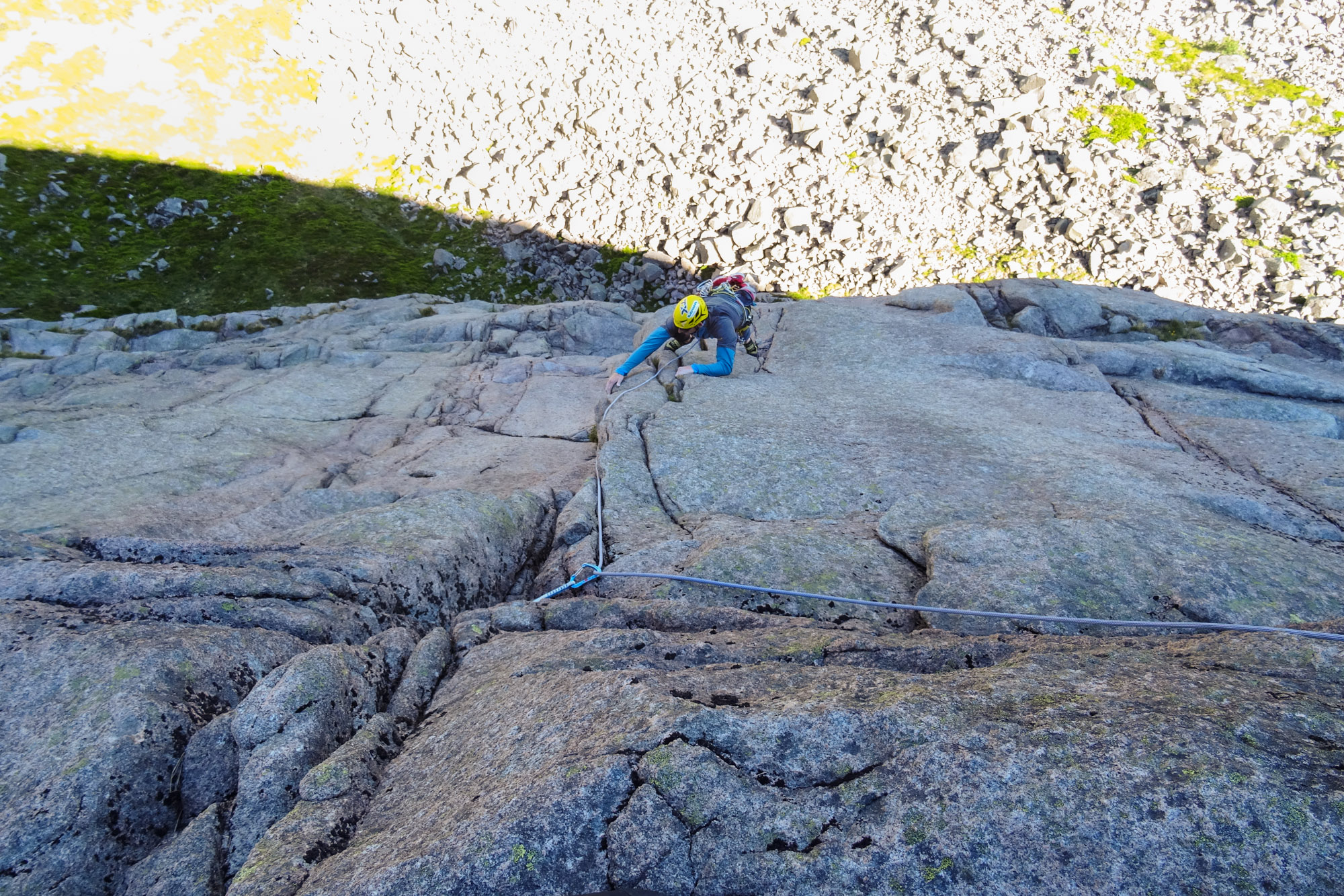 Immaculate rock and great exposure at the top of pitch 4. Awkward flared cracks providing the entertainment. Photo credit: Callum Johnson
