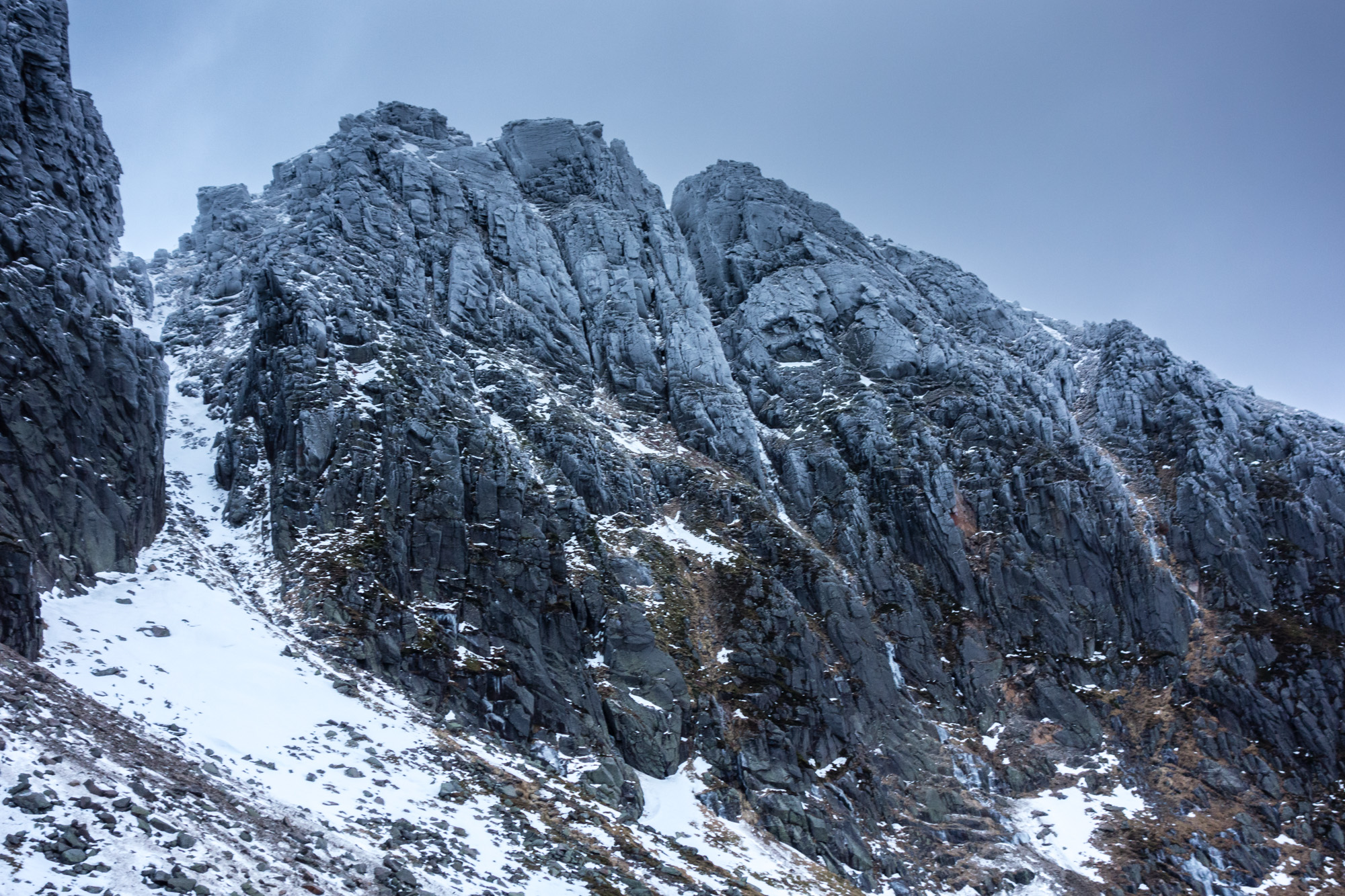 An ultra-lean West Buttress with the top 100m just about beginning to rime in the south-easterly wind. Black Spout Buttress was climbed that day