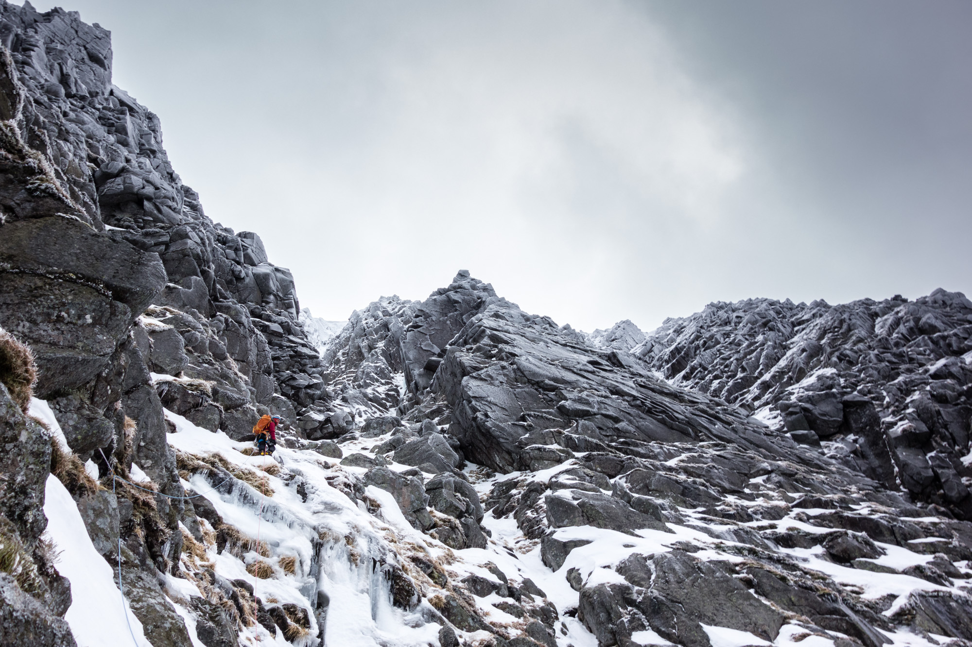 Lean conditions in the gully low down meant Andy climbed the first step on a mixture of frozen turf and ice