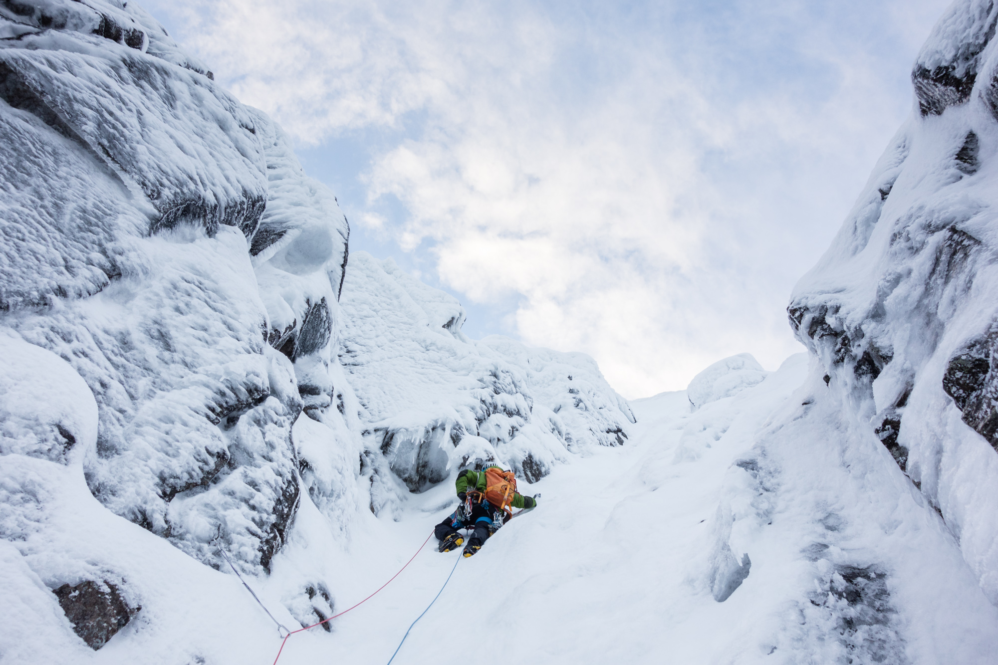 Poorly protected, steep and buried in loose snow - it must be the top of a Lochnagar gully! A cool lead by Andy of a serious pitch